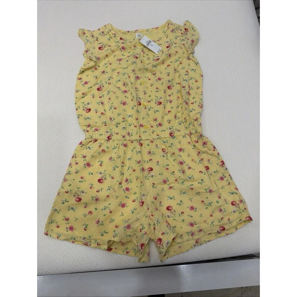 GAP Kids Girls M Yellow Floral Romper Ruffle Sleeve Button Front NWT